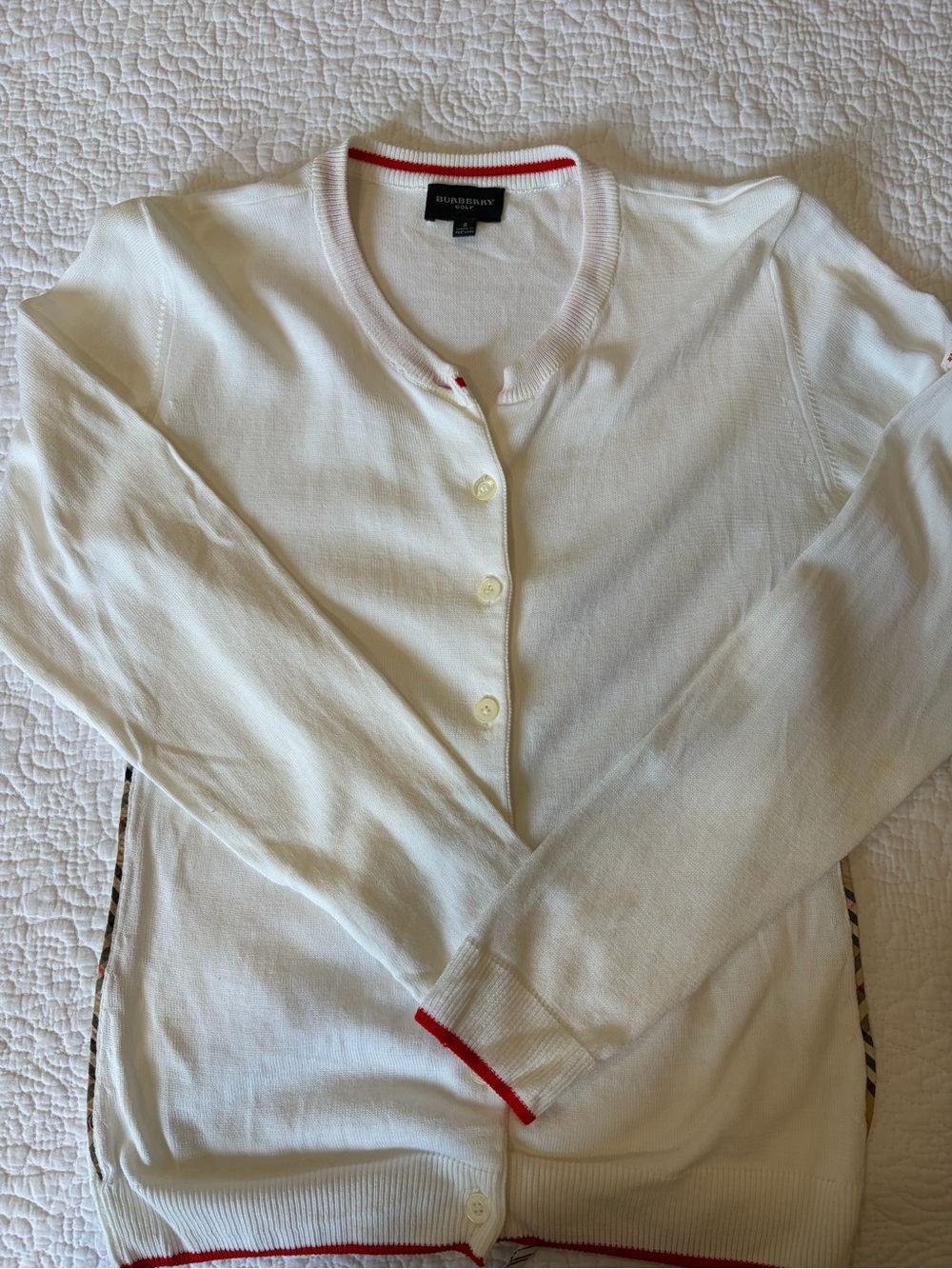 Burberry Golf White Button-Up Cardigan with Red Trim - Picture 6 of 14